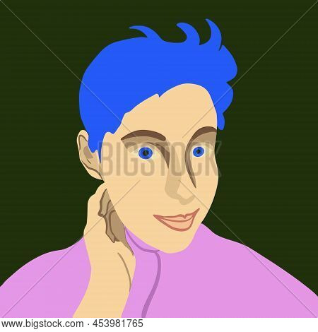Vector Illustration Of A Portrait Of A Young Woman With Short Blue Hair.