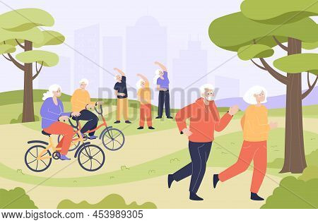 Elderly People Doing Sport In Park Flat Vector Illustration. Pensioners Running, Jogging, Doing Exer