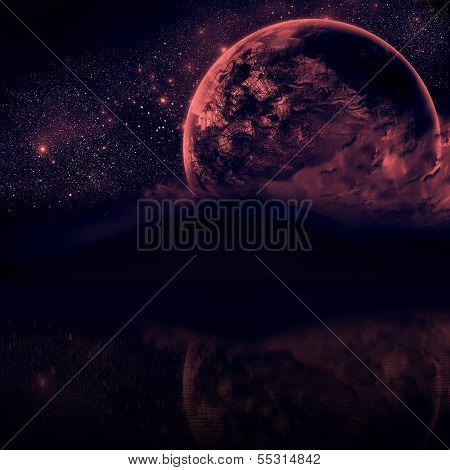 Beautiful Night sky with silhouette mountains and close planet