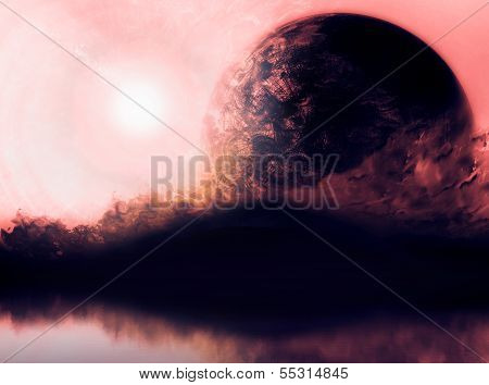 Day sky with silhouette mountains and close planet