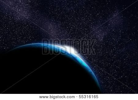 Cold Planet (in other galaxy) with rising sun