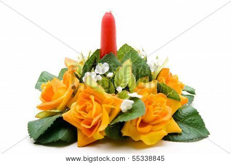 Yellow Flower with green Sheets and Red Candle