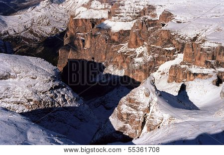 Winter alpine landscape in the Dolomites, Sella Group, Italy, Europe