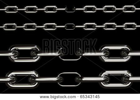 Four different views on chains with their weakest link over black background