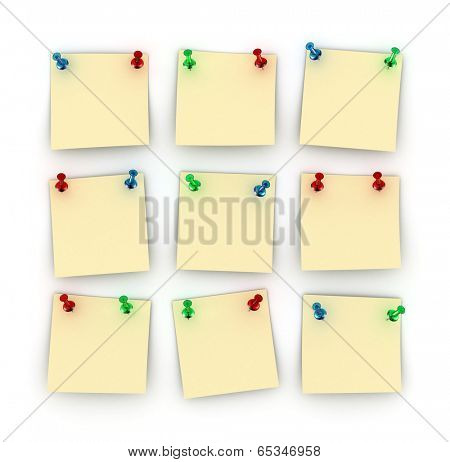 Nine Postit notes with differently colored push pins