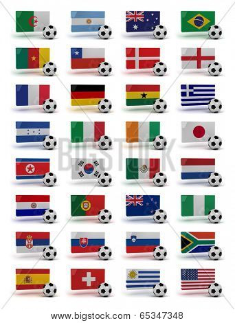 Soccer World Cup 2010 participating countries - complete set of flags and soccer balls of all competing nations