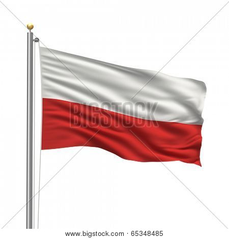 Flag of Poland with flag pole waving in the wind over white background