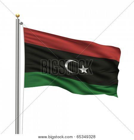 Flag of the Kingdom of Libya waving in the wind over white background