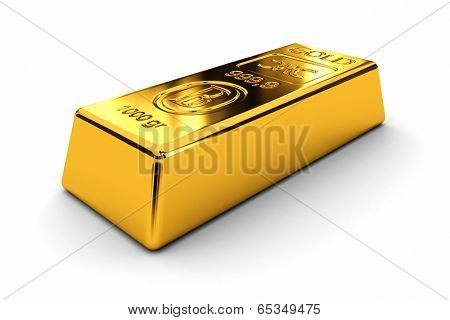 One gold bar laying on white background