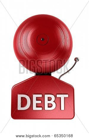 Front view of a red debt alarm bell over white over white background