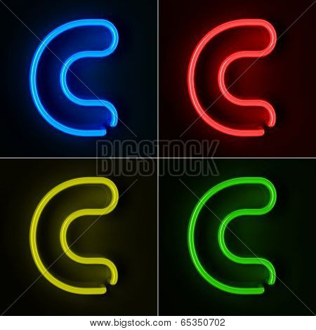 Highly detailed neon sign with the letter C in four colors