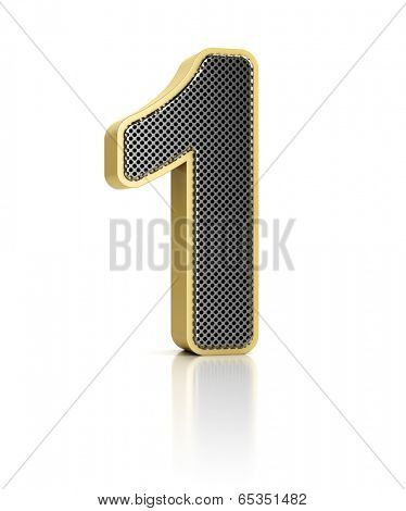 The number one as a shiny metal object over white