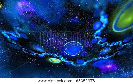 Unusual flight mystically glowing disc-shaped UFO among the stars and nebulas in deep dark space. ab