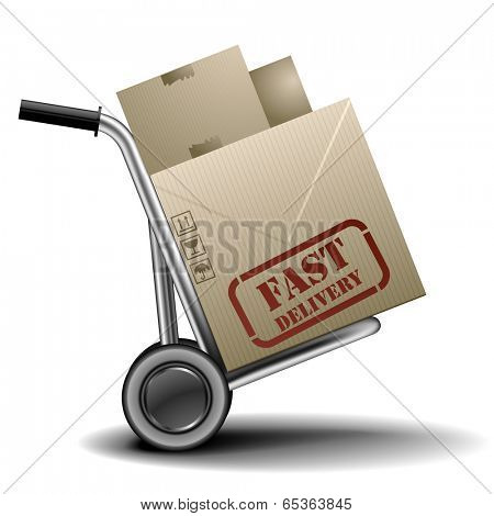 detailed illustration of a handtruck or trolley with cardboxes with fast delivery label on them, eps 10 vector
