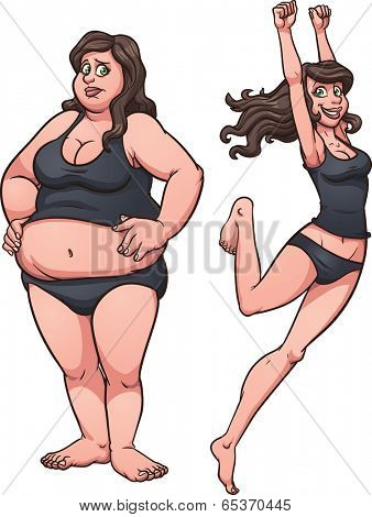 Woman going from fat to thin. Vector clip art illustration with simple gradients. Each on a separate layer.