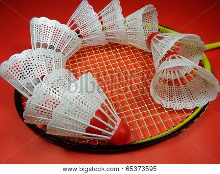 Red plastic shuttlecocks on badminton racket