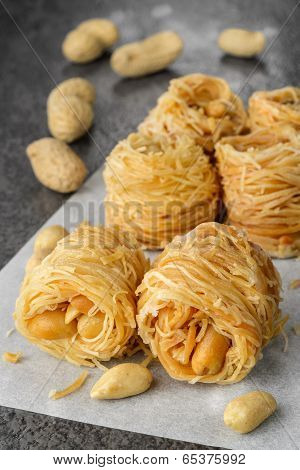 Closeup of birds nest baklava dessert with peanuts
