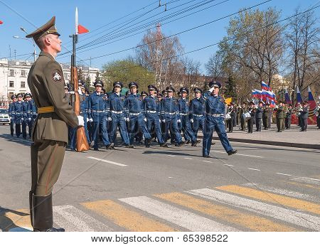 Company of traffic police officers march on parade