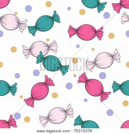 Seamless Pattern With Pink And Green Candies And Confetti