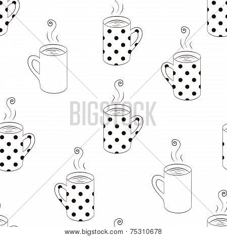 Monochrome Seamless Pattern With Sketching Cups