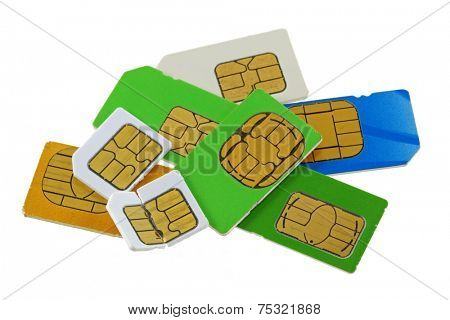 A group of old and used Subscriber Identity Module (SIM) cards, one is bent and broken
