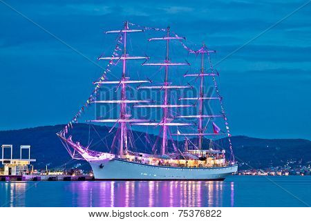 Old Wooden Illuminated Sailboat Night View