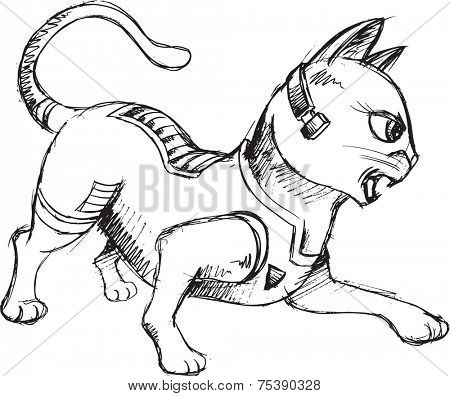 Cat Warrior Sketch Doodle Vector Illustration Art