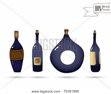 Vector wine bottles. Doodle style.