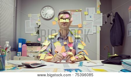 Office Worker Covered With Stick Notes