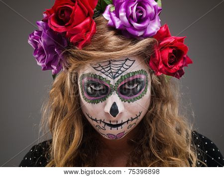 Halloween Witch. Beautiful Woman Wearing Santa Muerte Mask Portrait