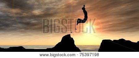 Concept or conceptual young man or businessman silhouette jump happy from cliff over water gap sunset or sunrise sky background banner