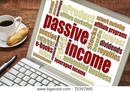 passive income word cloud  on a laptop with a cup of coffee