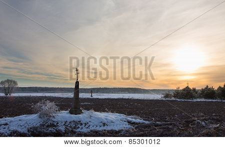 Orthodox Church Crosses In Sunset