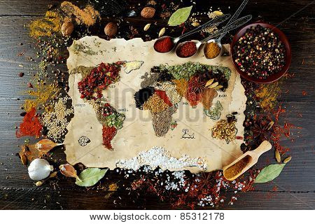 Map of world made from different kinds of spices on wooden background
