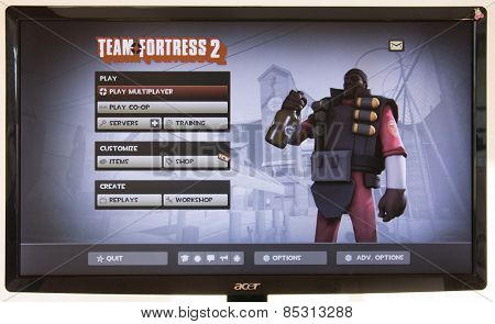 Depew, OK, USA - March 15, 2015: Red Demo on starting screen of Team Fortress 2, a team-based first-person shooter multiplayer video game by Valve Corporation, released on October 10, 2007.