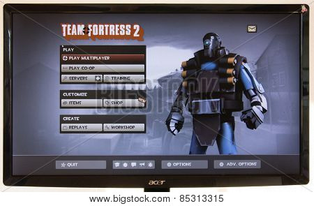 Depew, OK, USA - March 15, 2015: Blu MvM Demo Robot on starting screen of Team Fortress 2, a team-based first-person shooter multiplayer video game by Valve Corporation, released on October 10, 2007.