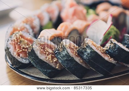 Close-up of sushi rolls