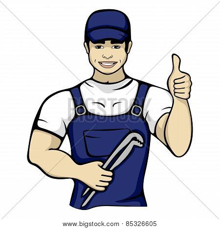 Cartoon plumber holding a monkey wrench