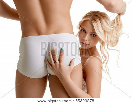 Hot blonde posing with sexy guy, close-up