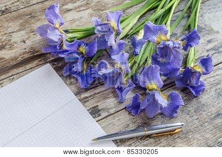 Bouquet Blueflag Or Iris Flower On Wooden Background