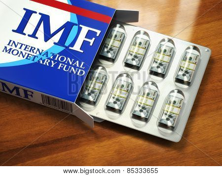 Concept of IMF tranches. Pack of dollars as pills in blister pack. 3d