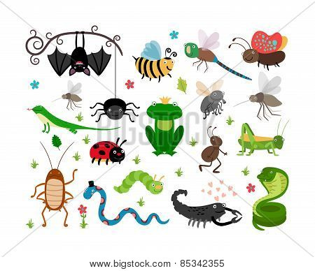 Cute vector insects, reptiles. Bee, grasshopper, lizard and snake