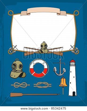 Vintage nautical rope frame, decorative symbols. Anchor and bell, lighthouse, retro diving equipment