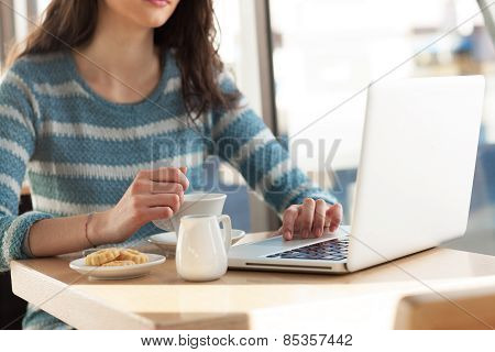 Woman At The Cafe Surfing The Net