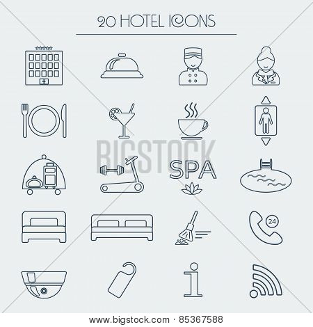 Set Of Icons Of Linear Hotel Service. Hotel Glyph. Vector
