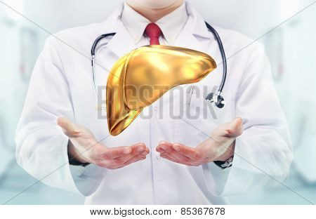 Doctor With Stethoscope And Golden Liver On The  Hands In A Hospital