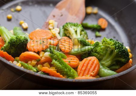 fresh vegetables on a frying pan, healthy breakfast