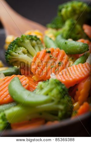 fresh vegetables on a frying pan, healthy breakfast