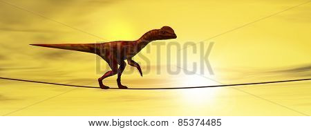 Concept or conceptual abstract business metaphor as wild heavy dinosaurus balancing on rope over sunset sky background banner