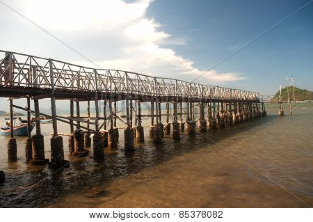 The Traditional Wooden Long Bridge Over The Sea,Thailand.